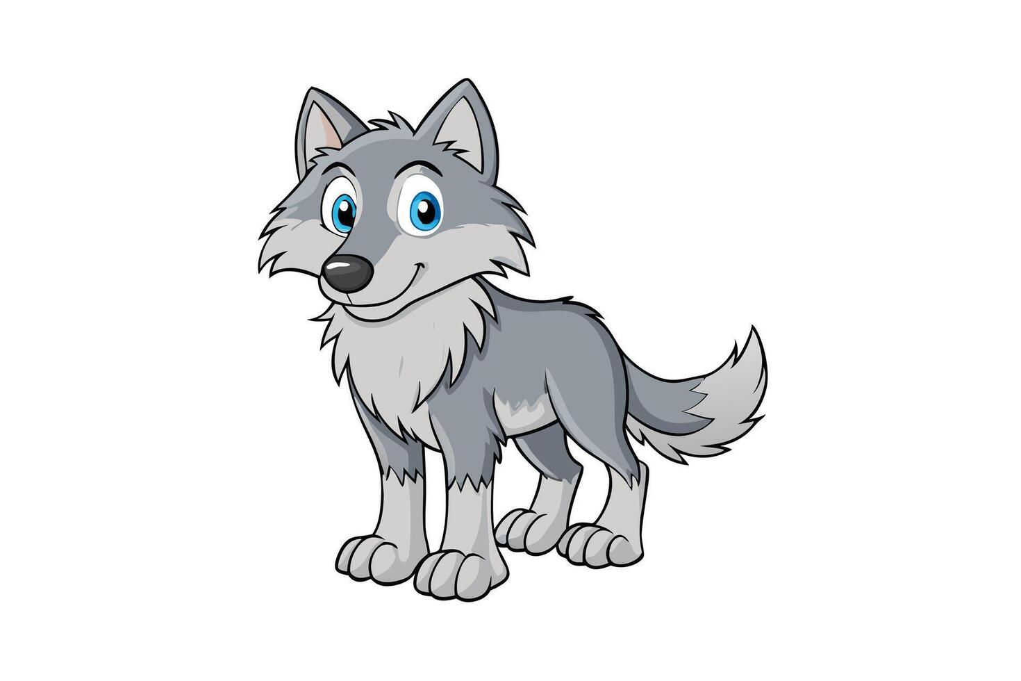 Cartoon Gray Wolf Standing on Transparent Background with Blue Eyes and Friendly Smile vector