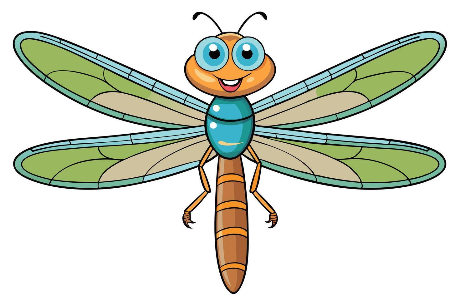 Cartoon Dragonfly with Big Blue Eyes, Green and Beige Wings on White Background vector