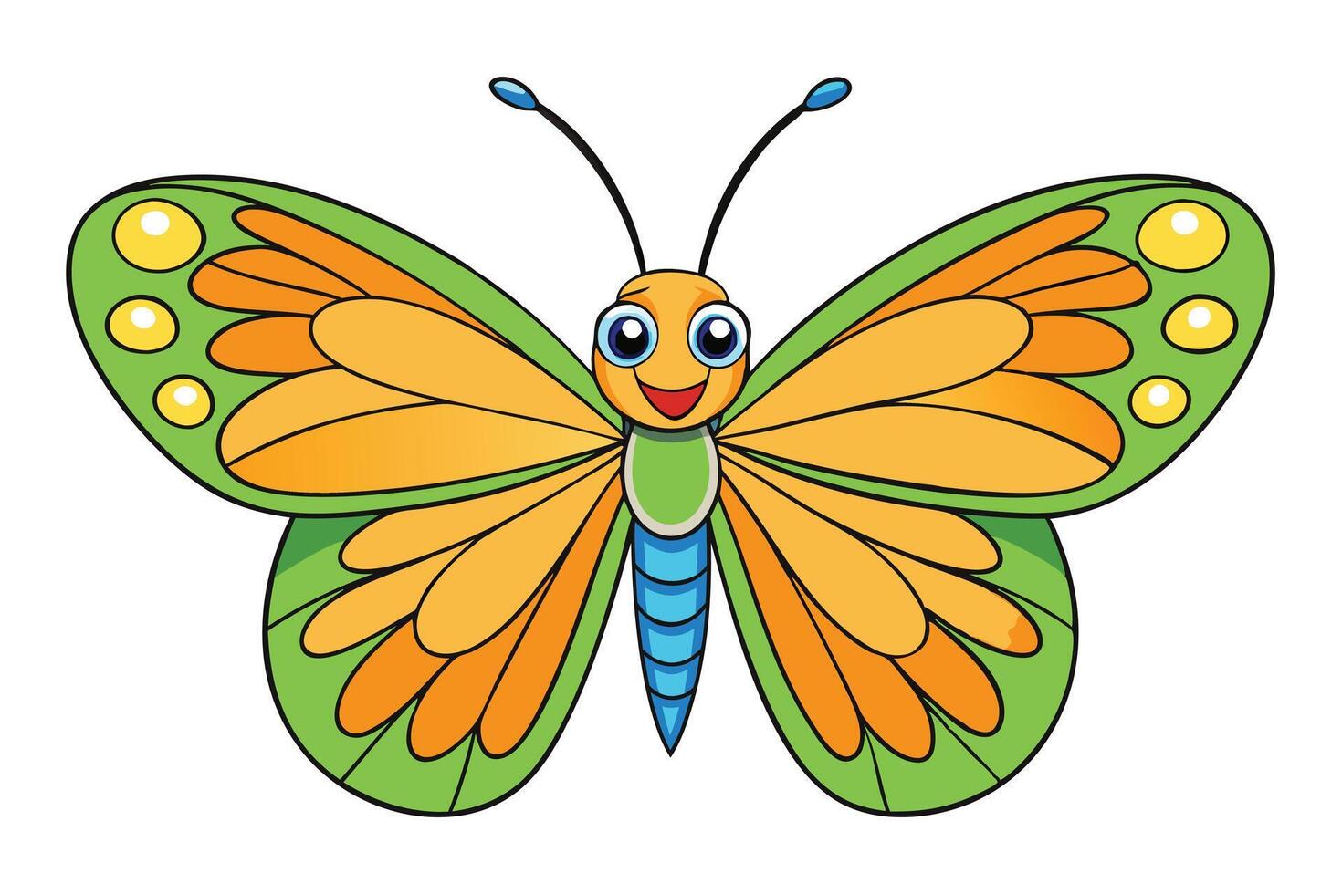 Cheerful Butterfly Cartoon with Orange Wings, Green Edges, and Blue Body vector