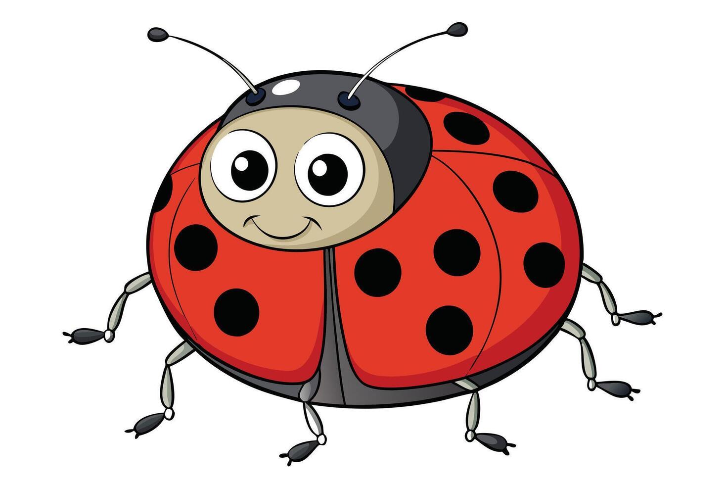 Cartoon Ladybug on White, Smiling Cute Red Insect with Black Spots and Antennae, Funny Bug vector