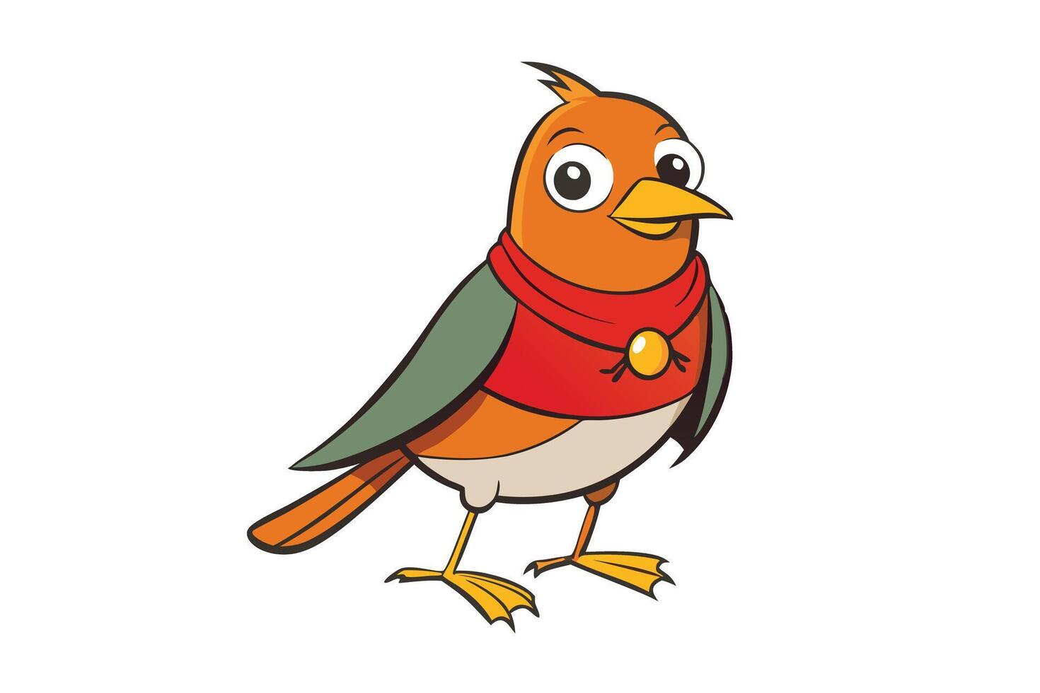 Cheerful Orange Bird Cartoon Character with Red Scarf on White Background vector