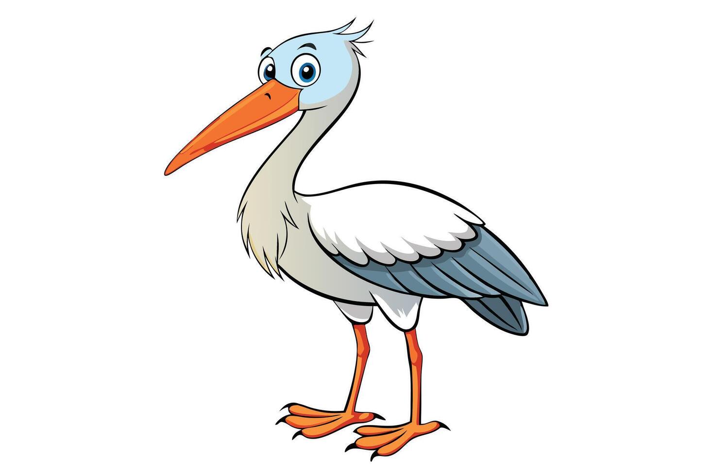 Standing Cartoon Stork with Orange Beak and Feet on a Transparent Background vector
