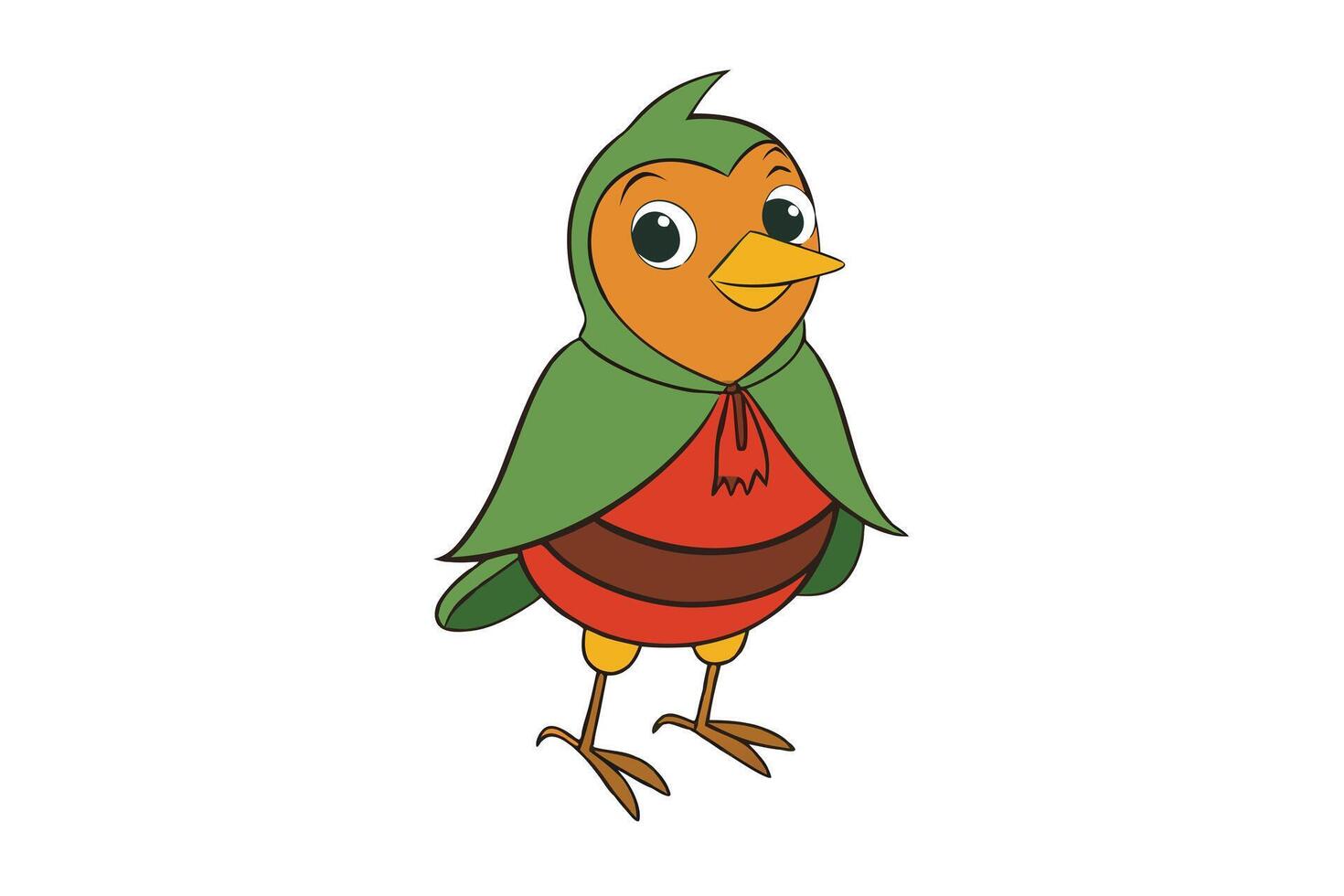 Cartoonish Standing Orange Bird Wearing Green Hooded Cloak on a White Background vector