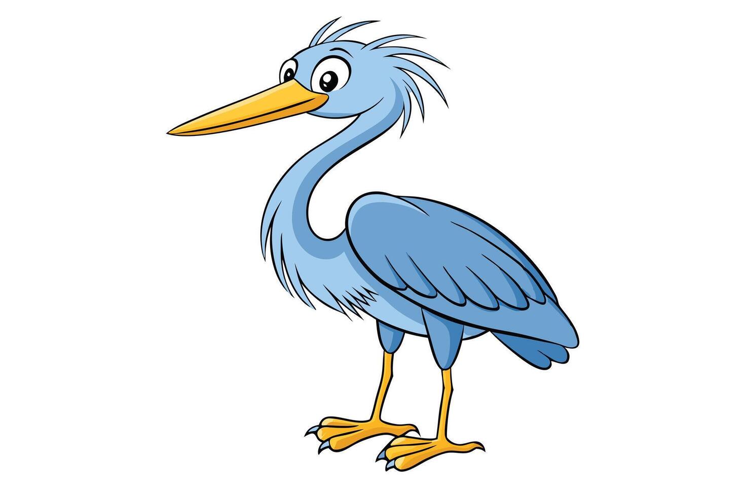 Cartoon Blue Heron Standing with Yellow Beak and Feet on Transparent Background vector