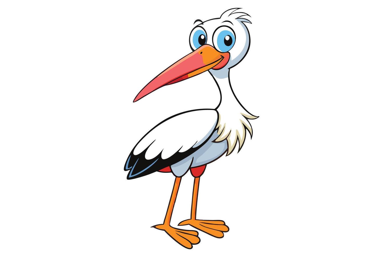 Standing Cartoon Stork with Big Blue Eyes and Reddish Orange Beak on White vector