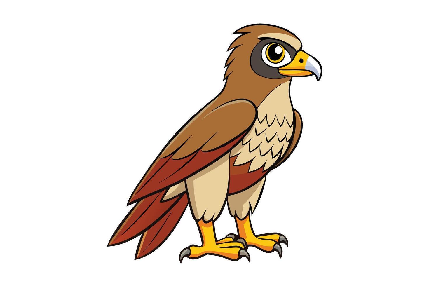 Standing Hawk Cartoon with Sharp Claws, Yellow Beak, Detailed Brown and Beige Plumage vector