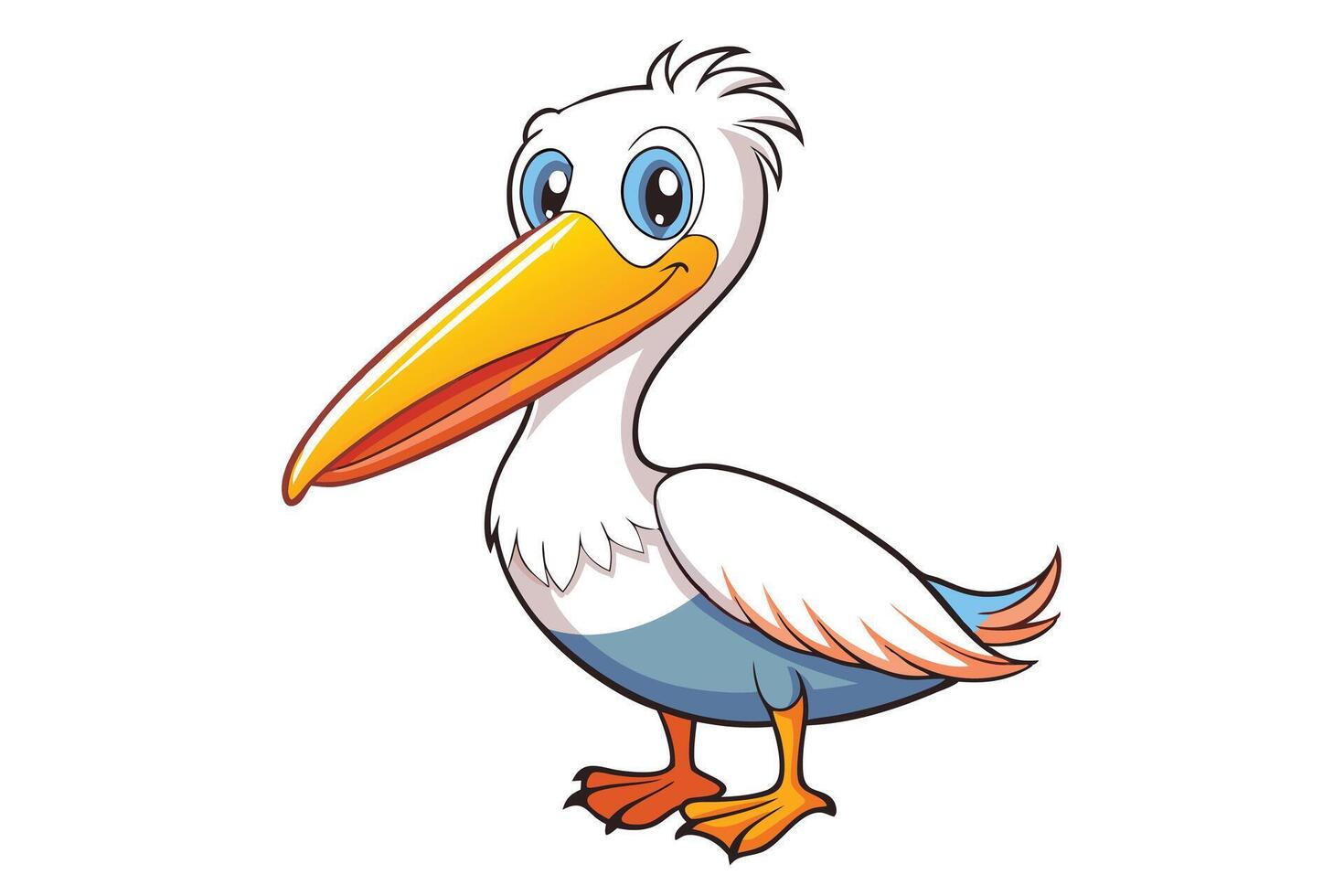 Cartoon Pelican Standing Upright with Blue Eyes on a White Background vector