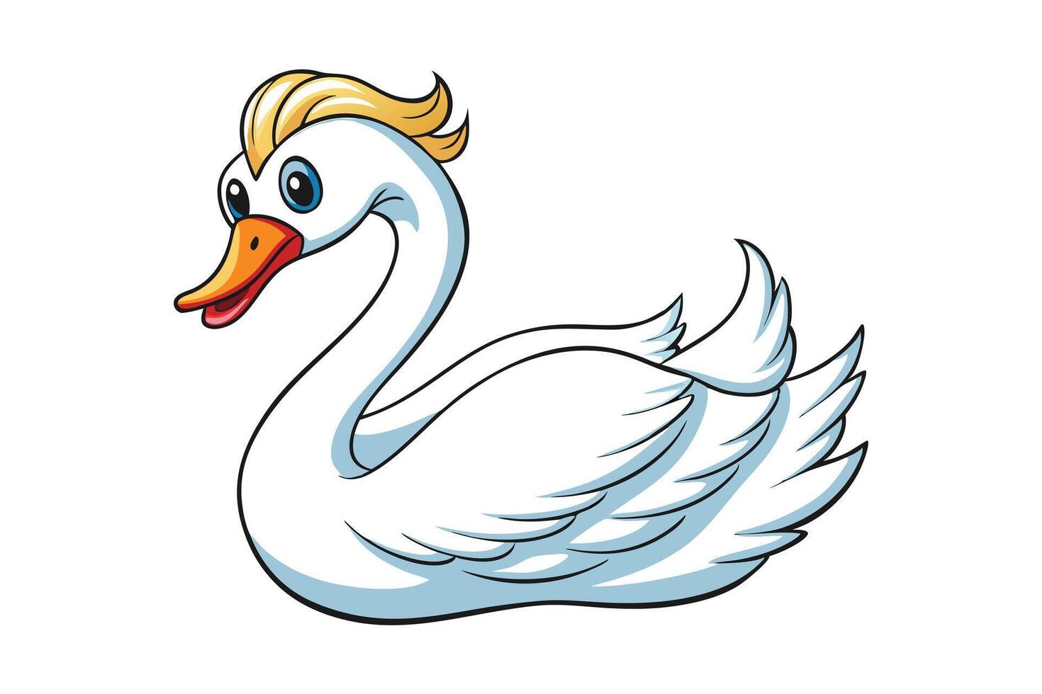 Cartoon Swan with Golden Hair, Orange Beak, and Blue Eyes on White Background vector