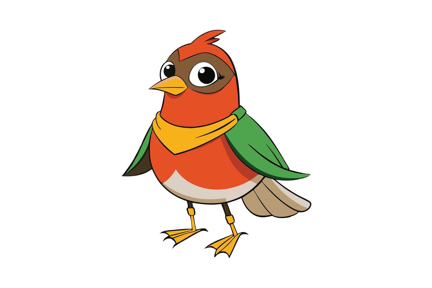 Cartoon Style Bird With Orange Feathers, Green Wings And Yellow Scarf Isolated vector