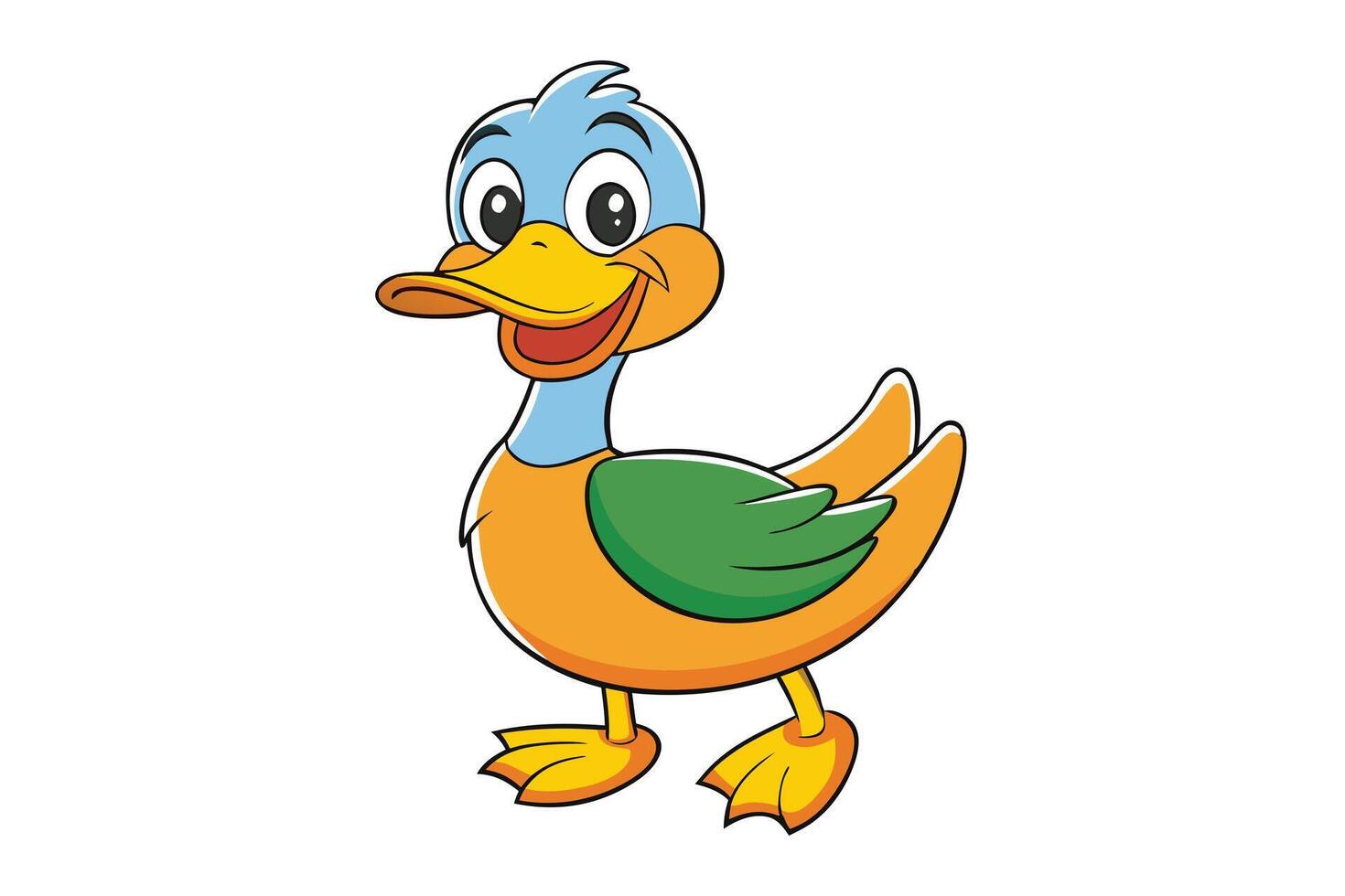 Happy Cartoon Duck with Blue Head, Orange Body, Green Wings on White Background vector
