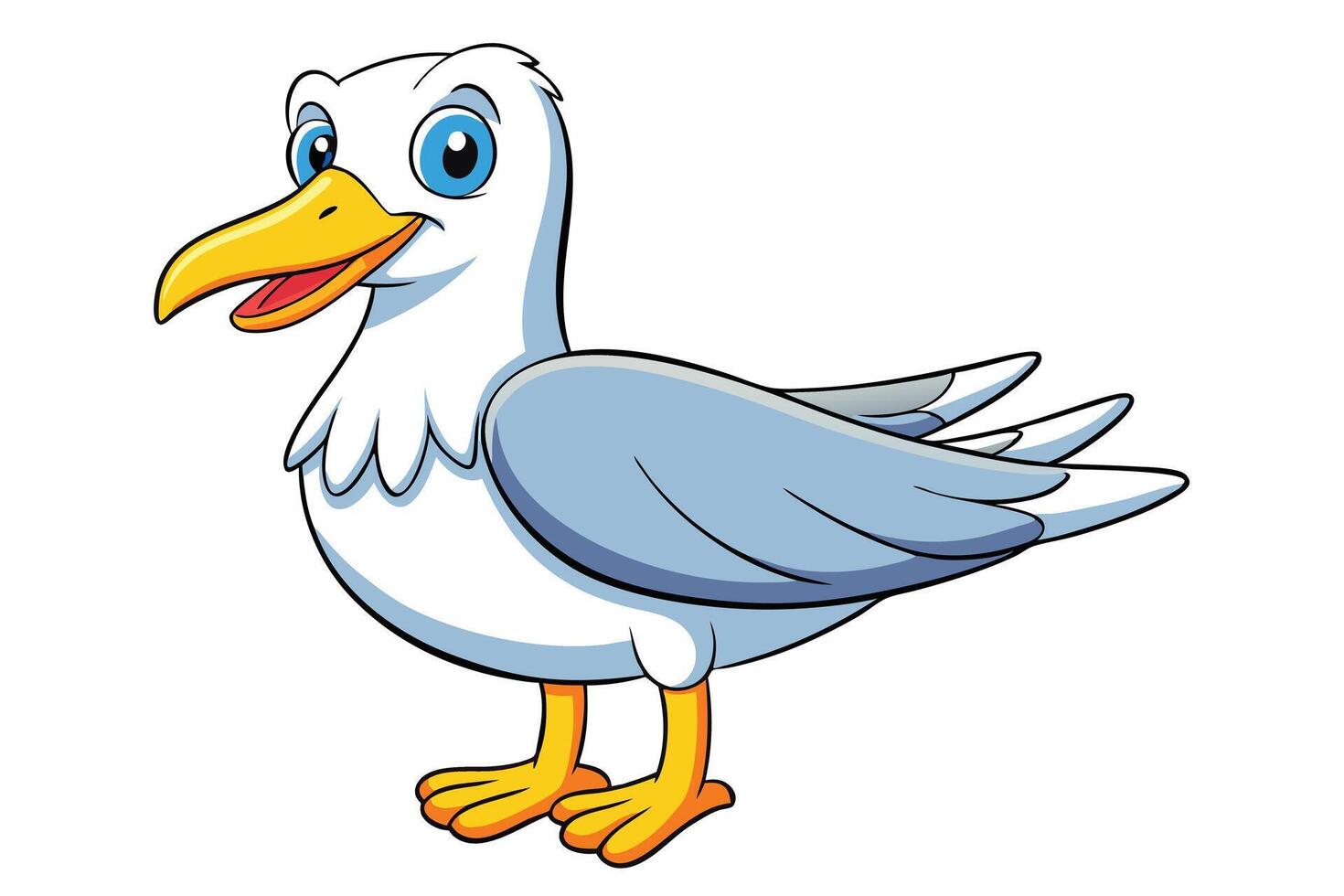 Cheerful Cartoon Seagull Standing, Blue Eyes, Yellow Beak and Feet, on White Background vector
