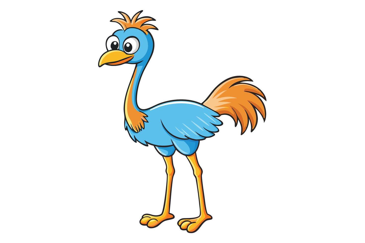 Cartoon Style Blue Ostrich with Orange Tail and Legs on a Transparent Background vector