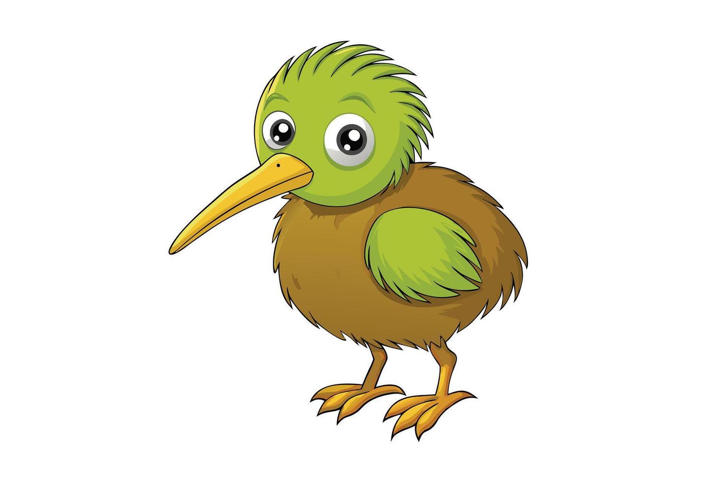 Cartoon Kiwi Bird with Brown Feathers, Green Head, Yellow Beak on White Background vector