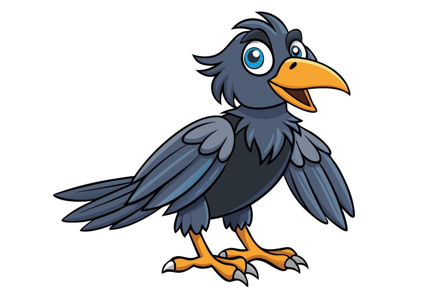 Fun Cartoon Crow with Blue Eyes, Golden Beak and Feet on a Transparent Background vector