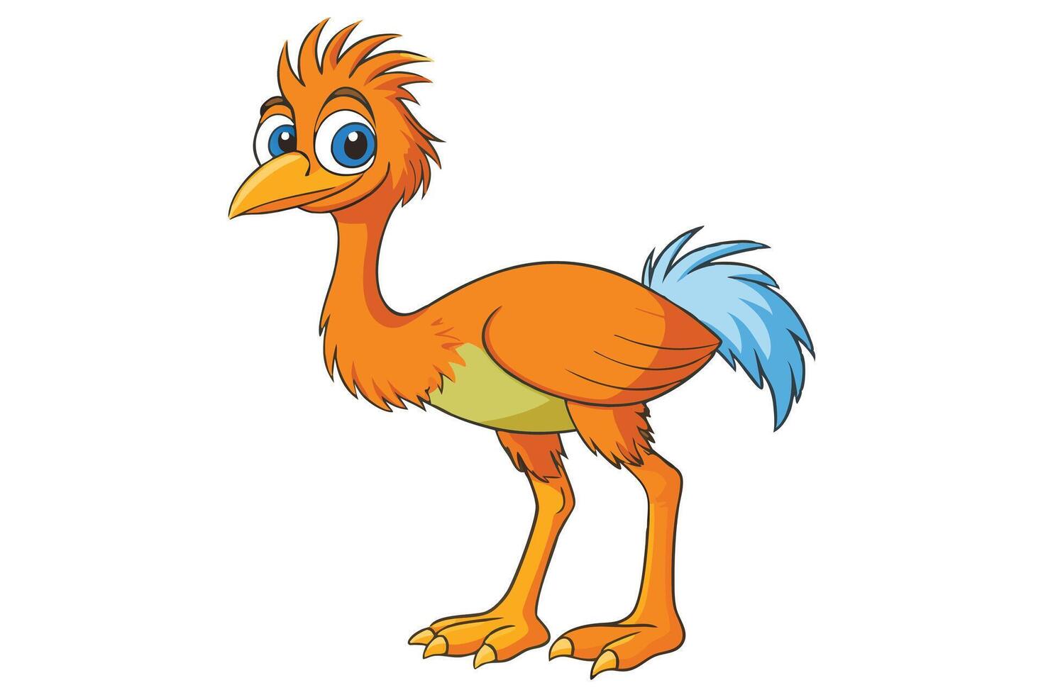 Cartoon Bird Ostrich Character with Orange Feathers and Blue Tail on White Background vector