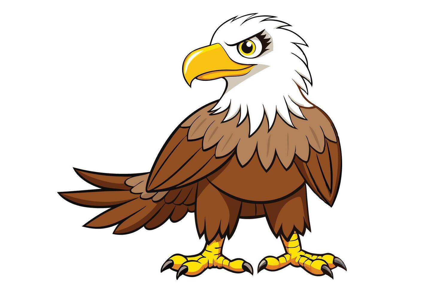 Cartoon Bald Eagle with White Head, Brown Body and Yellow Beak Isolated vector