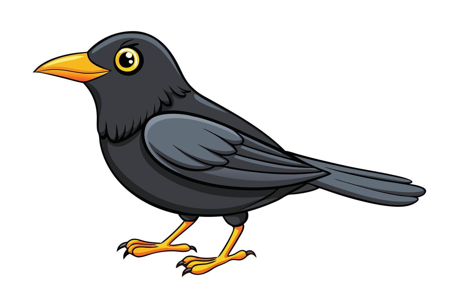 Cartoon Blackbird with Yellow Beak, Eye, Feet in Standing Pose Isolated on White vector