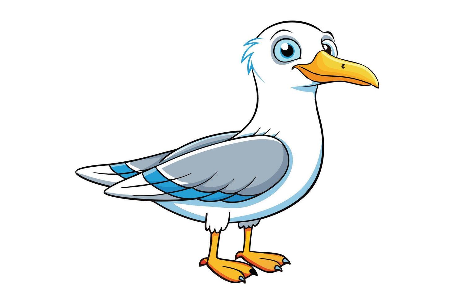 Cartoon Seagull with Blue Highlights and Yellow Beak on Transparent Background vector
