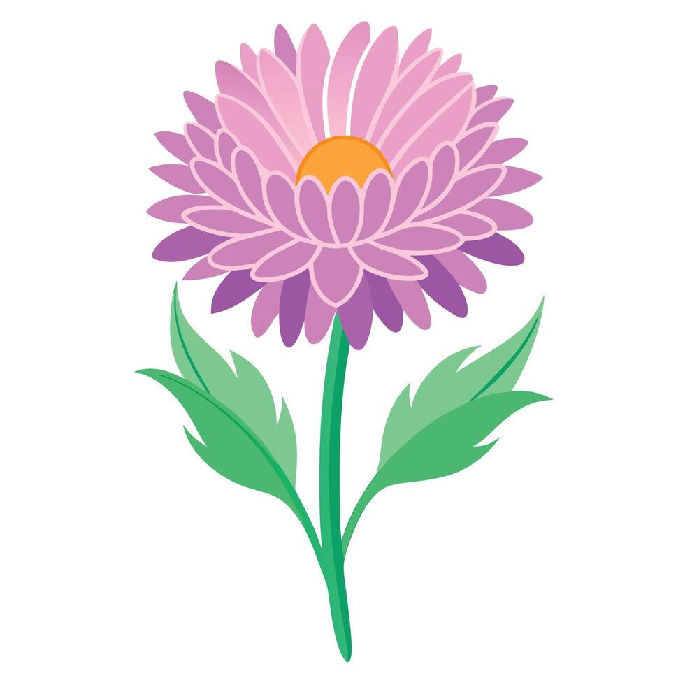 Isolated Simple Flat Style Purple Flower with Green Leaves on White Background vector