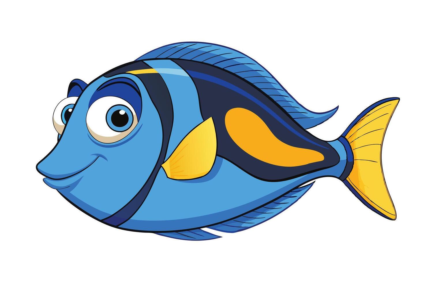 Cartoon Blue Tang Fish with Yellow Fins on Transparent Background vector