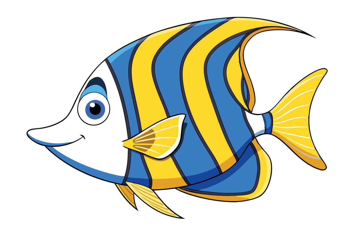 Cartoonish Smiling Angelfish with Striking Blue and Yellow Stripes, Isolated vector