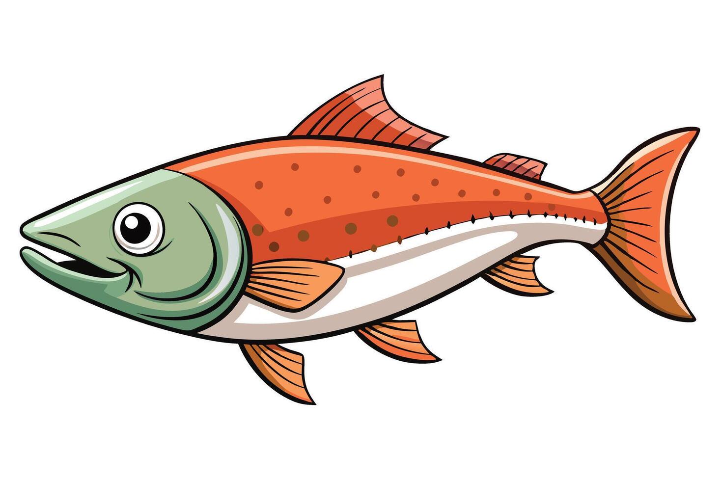 Cartoon Salmon Fish with Orange Body, Green Head on a Transparent Background vector