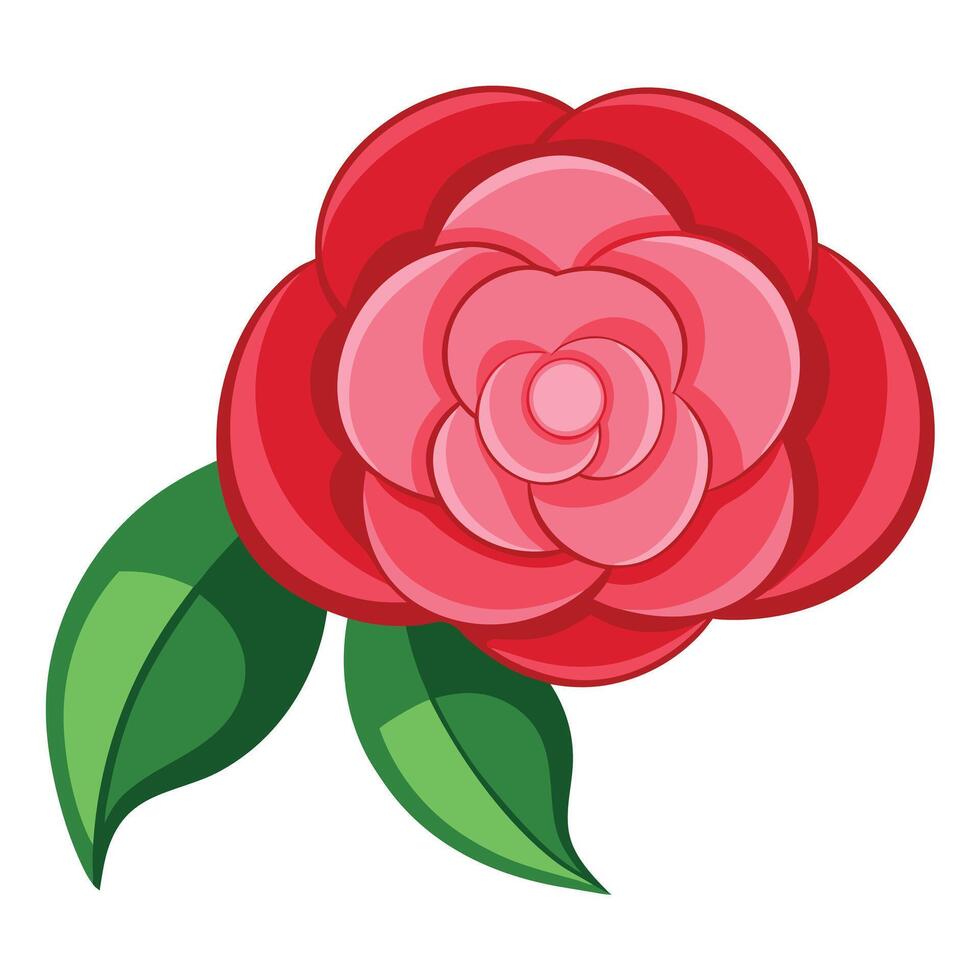 Detailed Red Camellia Flower with Green Leaves on a White Background vector