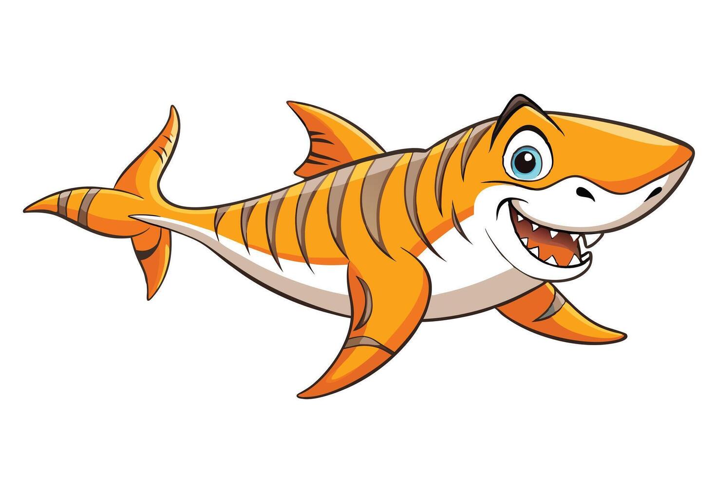 Cartoon Tiger Shark with Orange Stripes Swimming on Transparent Background vector