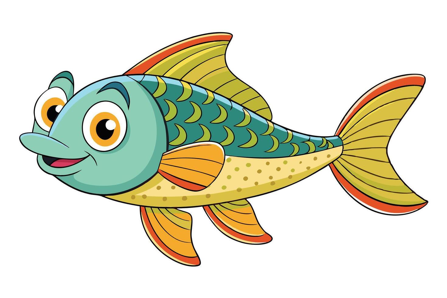 Animated Cartoon Fish with Big Eyes and Fins on a White Background vector