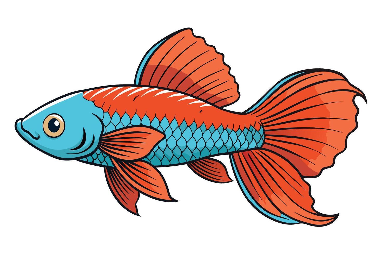Betta Fish Cartoon with Vibrant Orange Fins and Turquoise Scales on Transparent BG vector