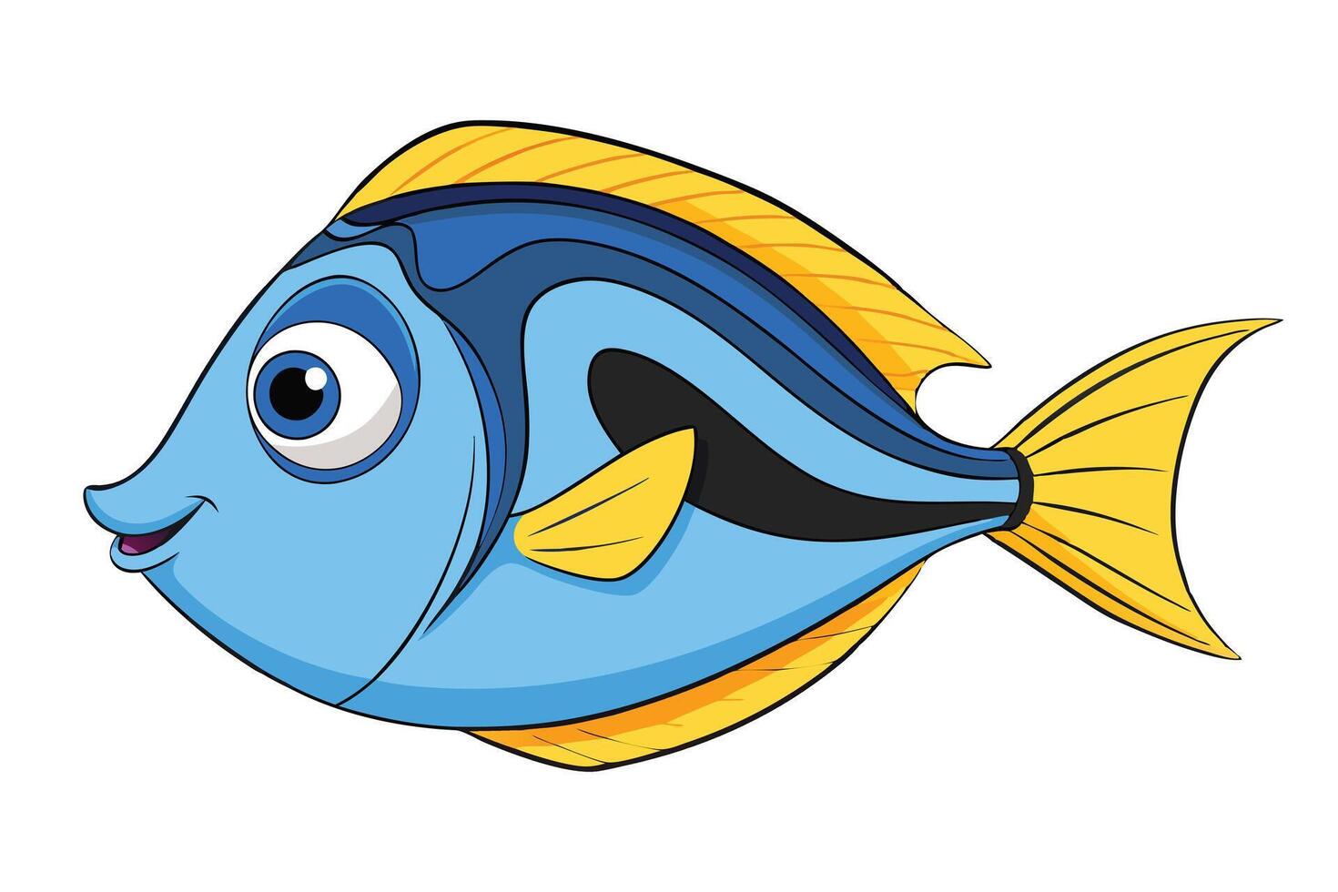 Animated Blue Tang Fish with Yellow Fins Isolated on White Background vector
