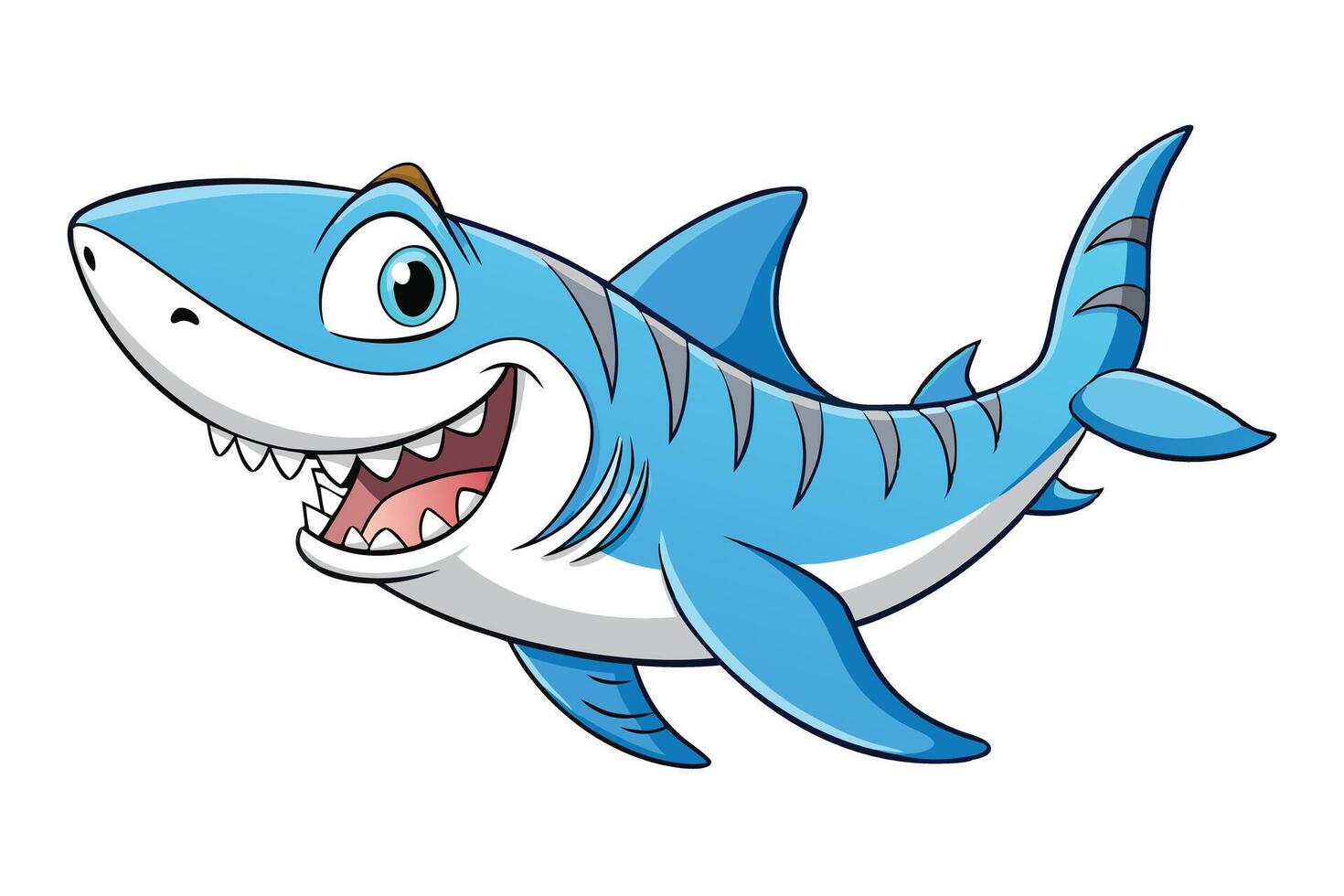 Cartoon Blue Shark with Fins and Teeth on Transparent Background vector