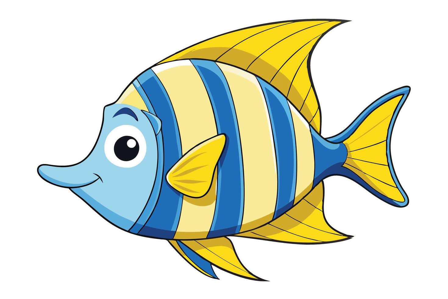 Cartoon Striped Fish with Big Eye, Blue Head, Yellow Fins on Transparent Background vector