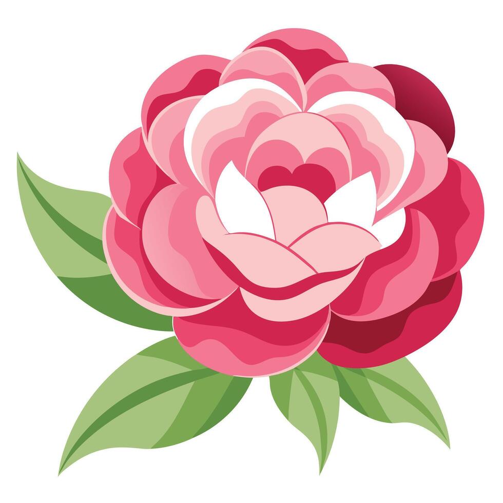 Stylized Pink Rose Blossom with Green Leaves on White Background vector