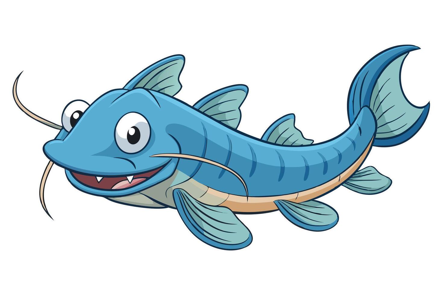 Cartoonish Smiling Blue Catfish on Transparent Background, Fish Character vector