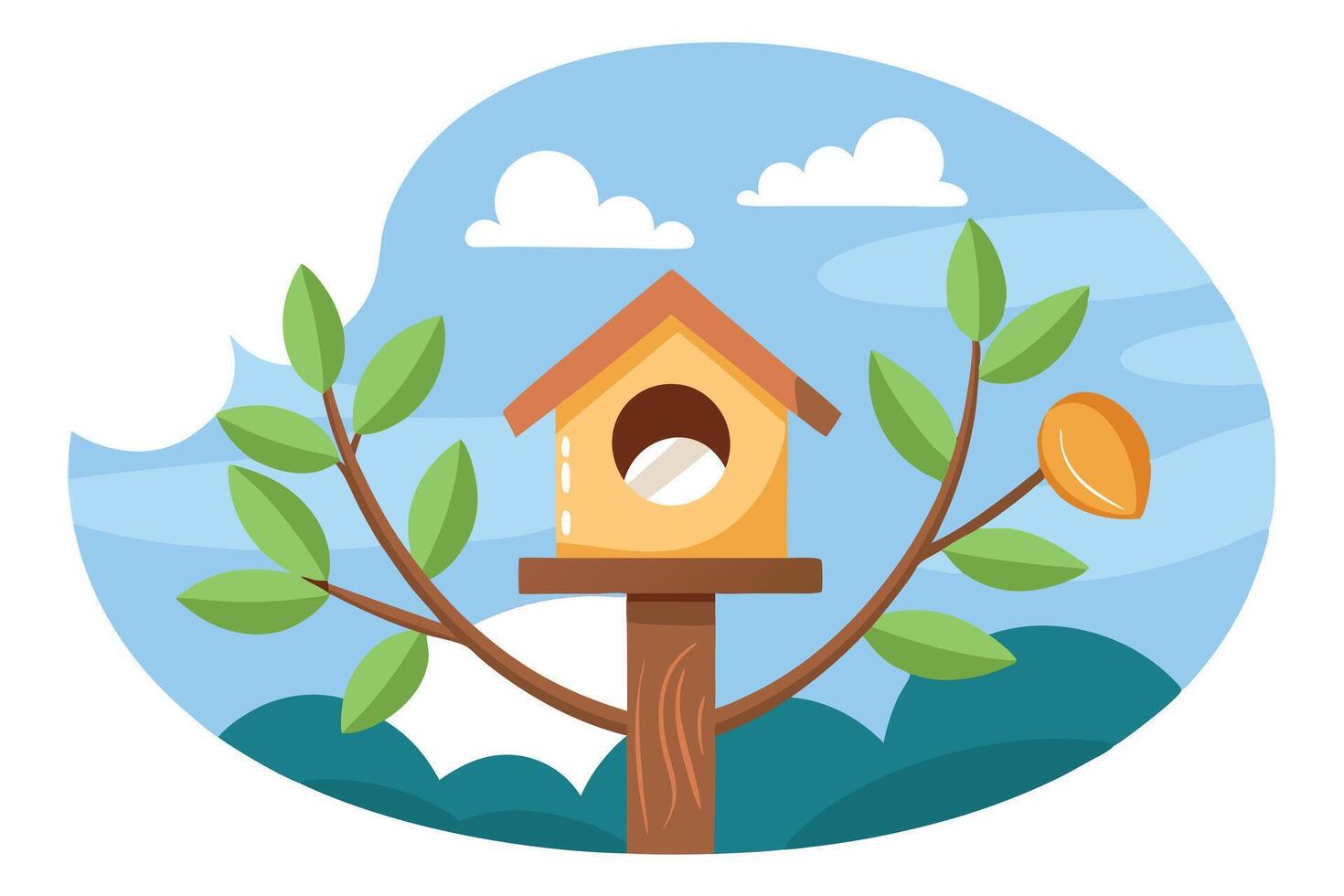 Cartoon Birdhouse on Tree Branches with Sky Background, Leaves, and Abstract Shapes vector