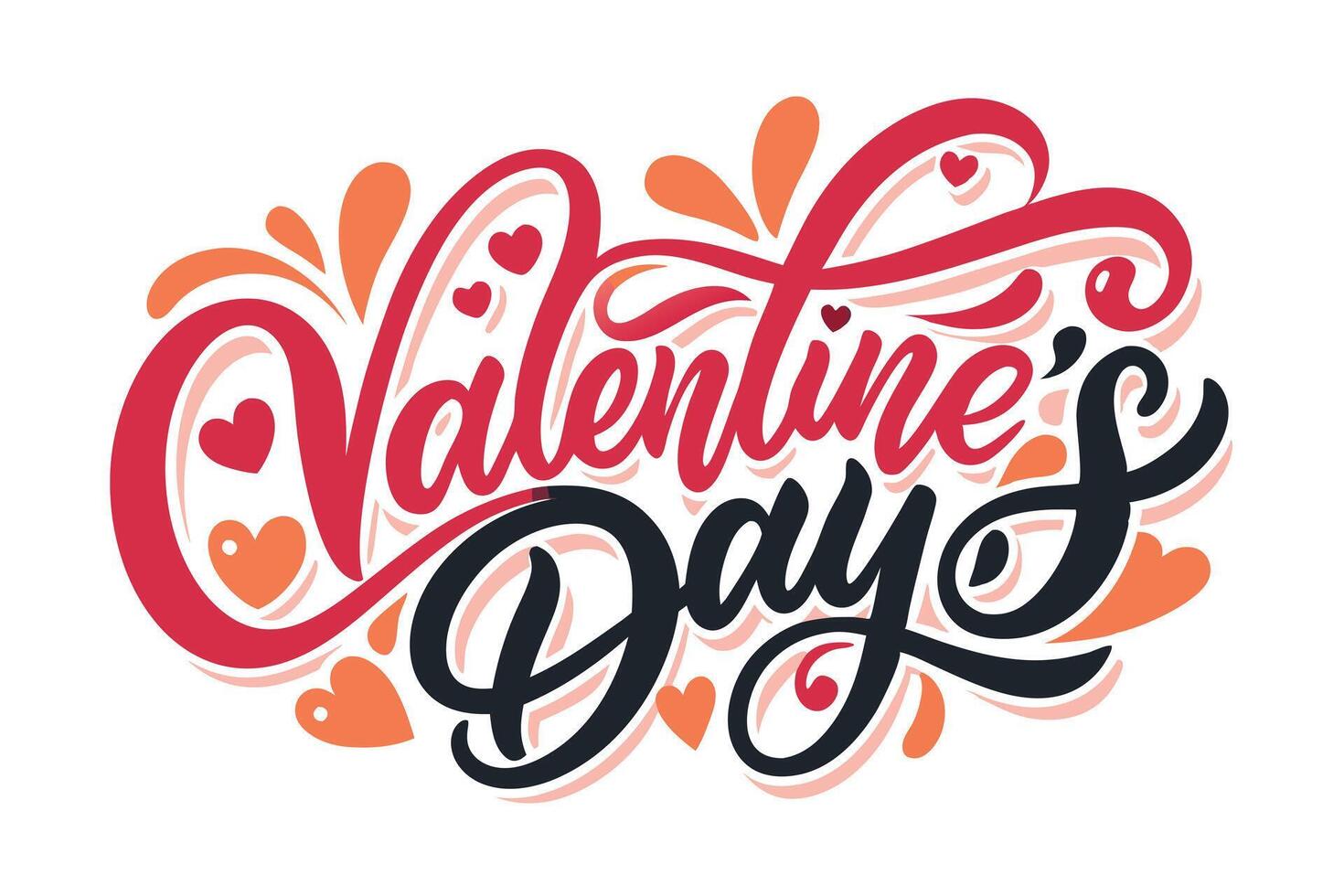 Valentines Day Typography with Hearts and Swirls in Red and Black on White vector