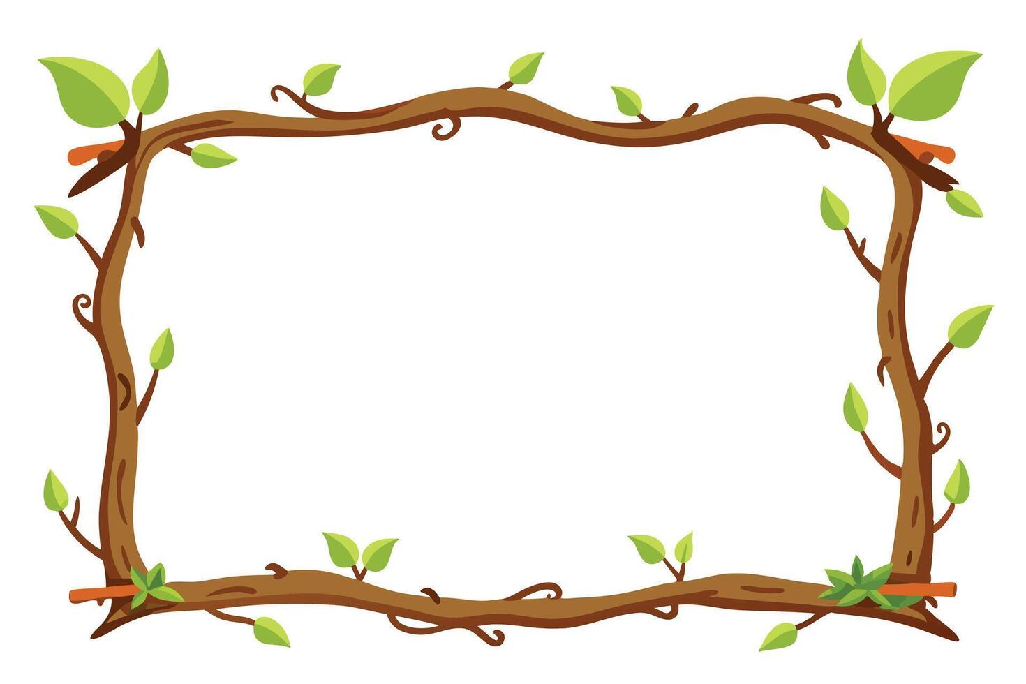 Cartoon Branch with Green Leaves on a White Background, Nature Border Art vector