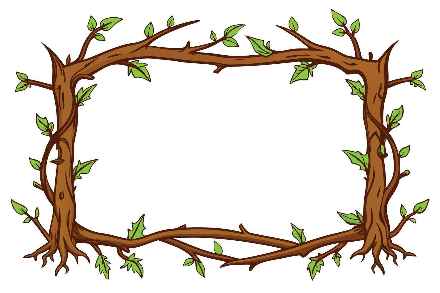 Cartoon Branch with Green Leaves and Brown Twigs on a White Background vector