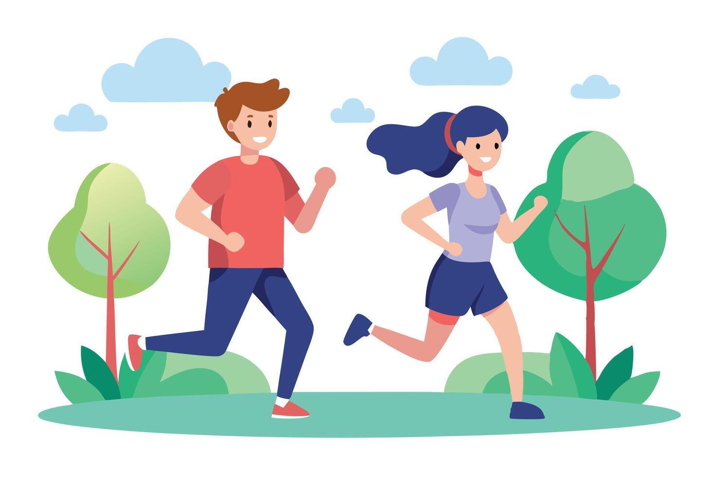 Couple Jogging Together in Park, Happy Man and Woman Running, Outdoor Activity, Flat Style vector