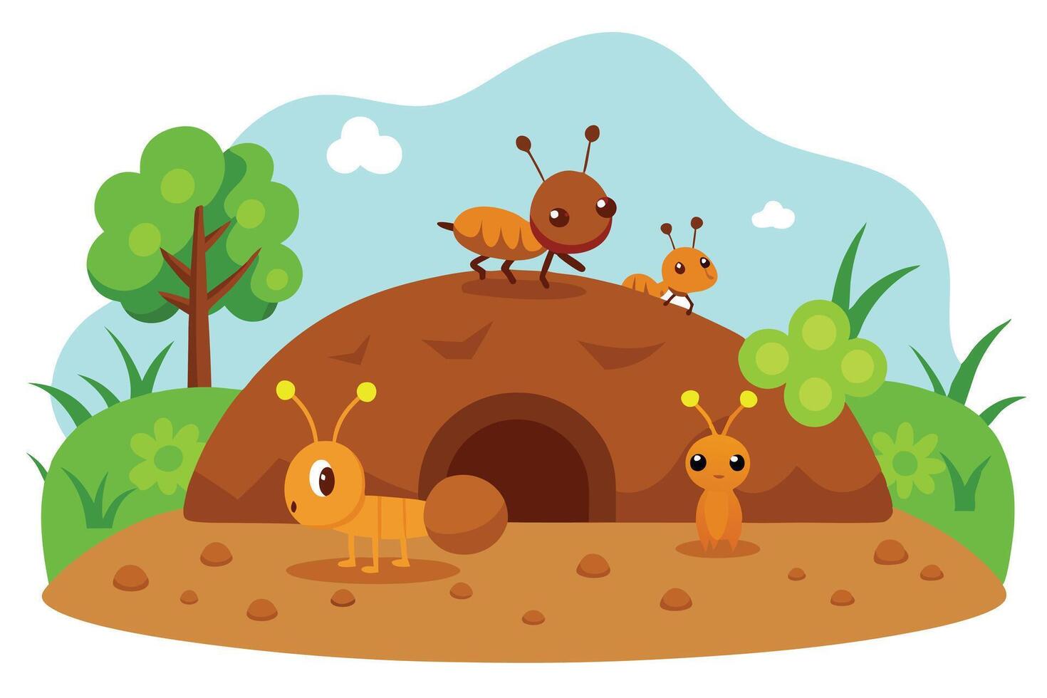 Cartoon Ants on Anthill with Tree and Blue Sky Design vector