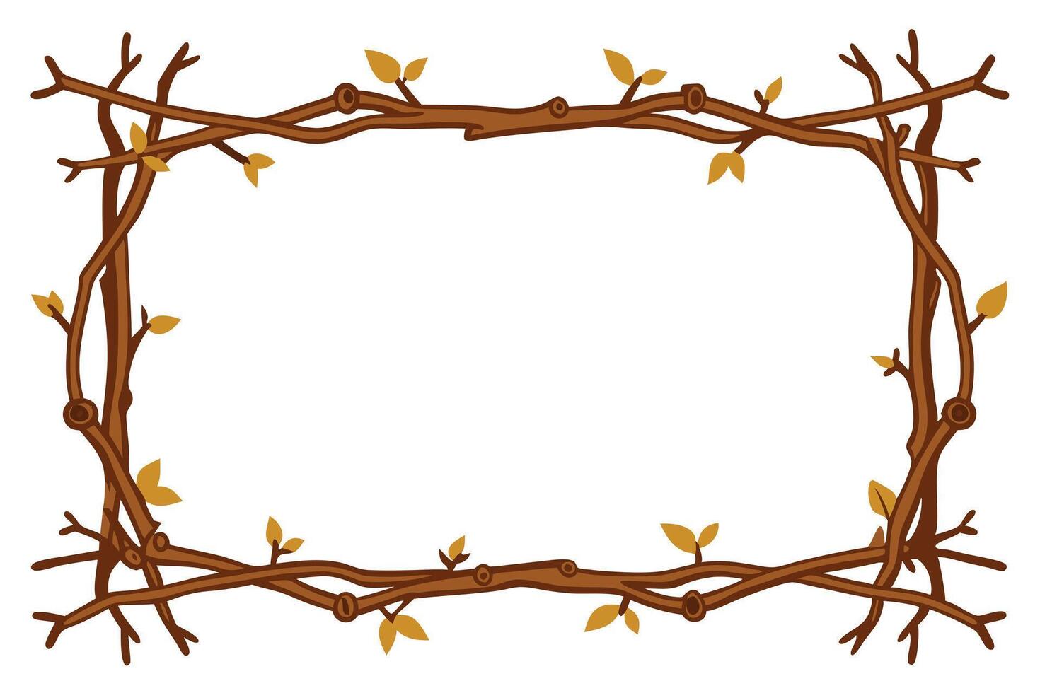 Rustic Cartoon Branch with Golden Leaves, Wooden Texture on Transparent Background vector
