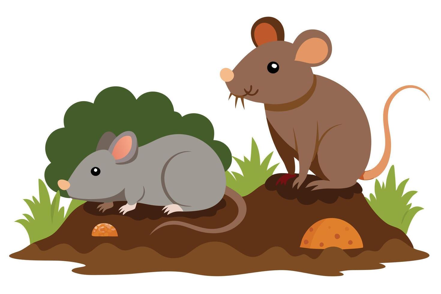 Two Cartoon Mice in Brown Nest with Green Grass and Orange Cheese Slice vector