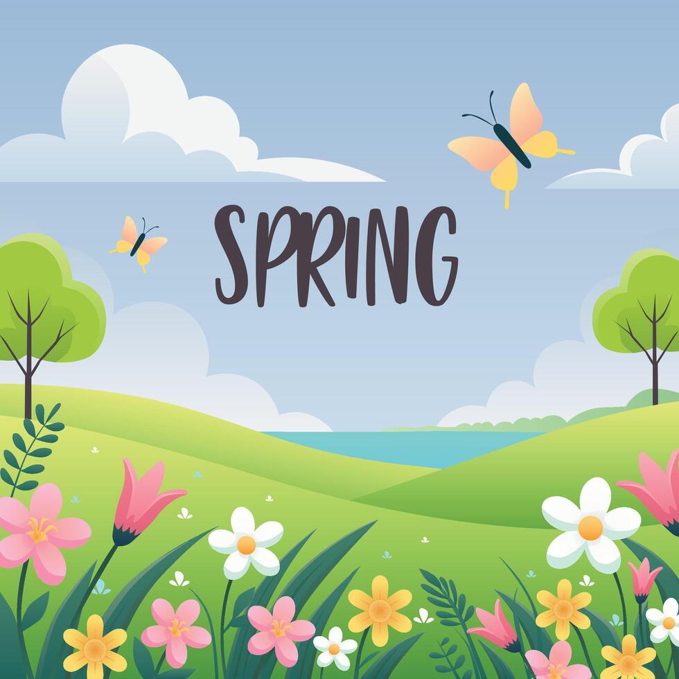 Spring Scene Landscape Flat Illustration with Flowers and Butterflies vector