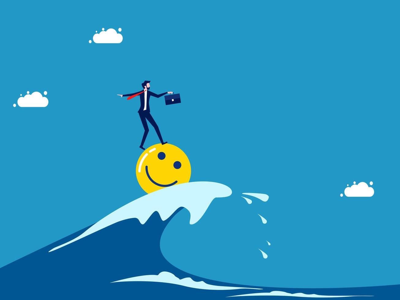 a businessman standing on top of a wave with a smiley face vector