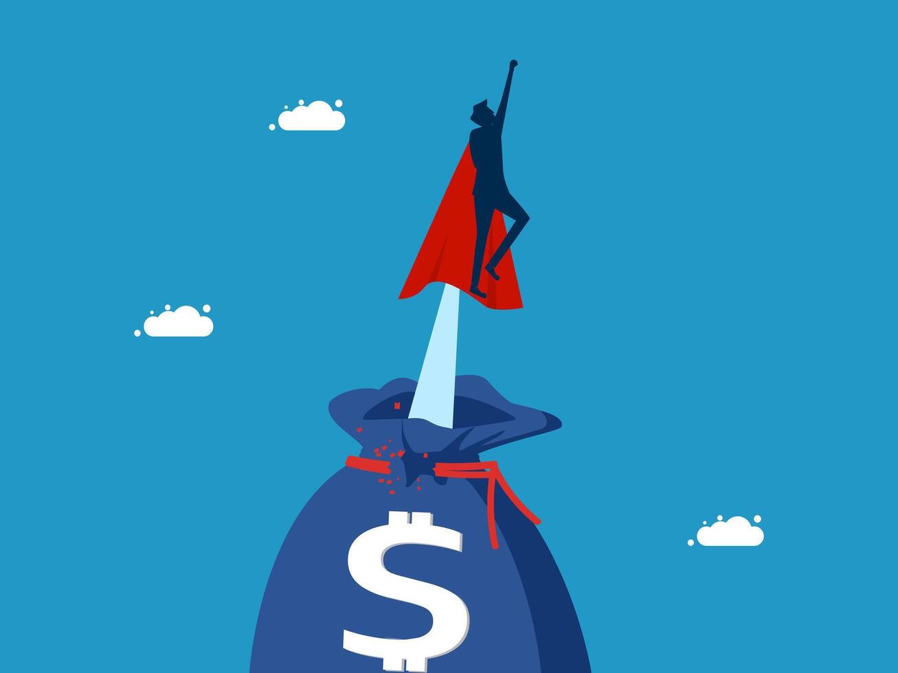 herobusinessman flying over money bag with dollar sign vector