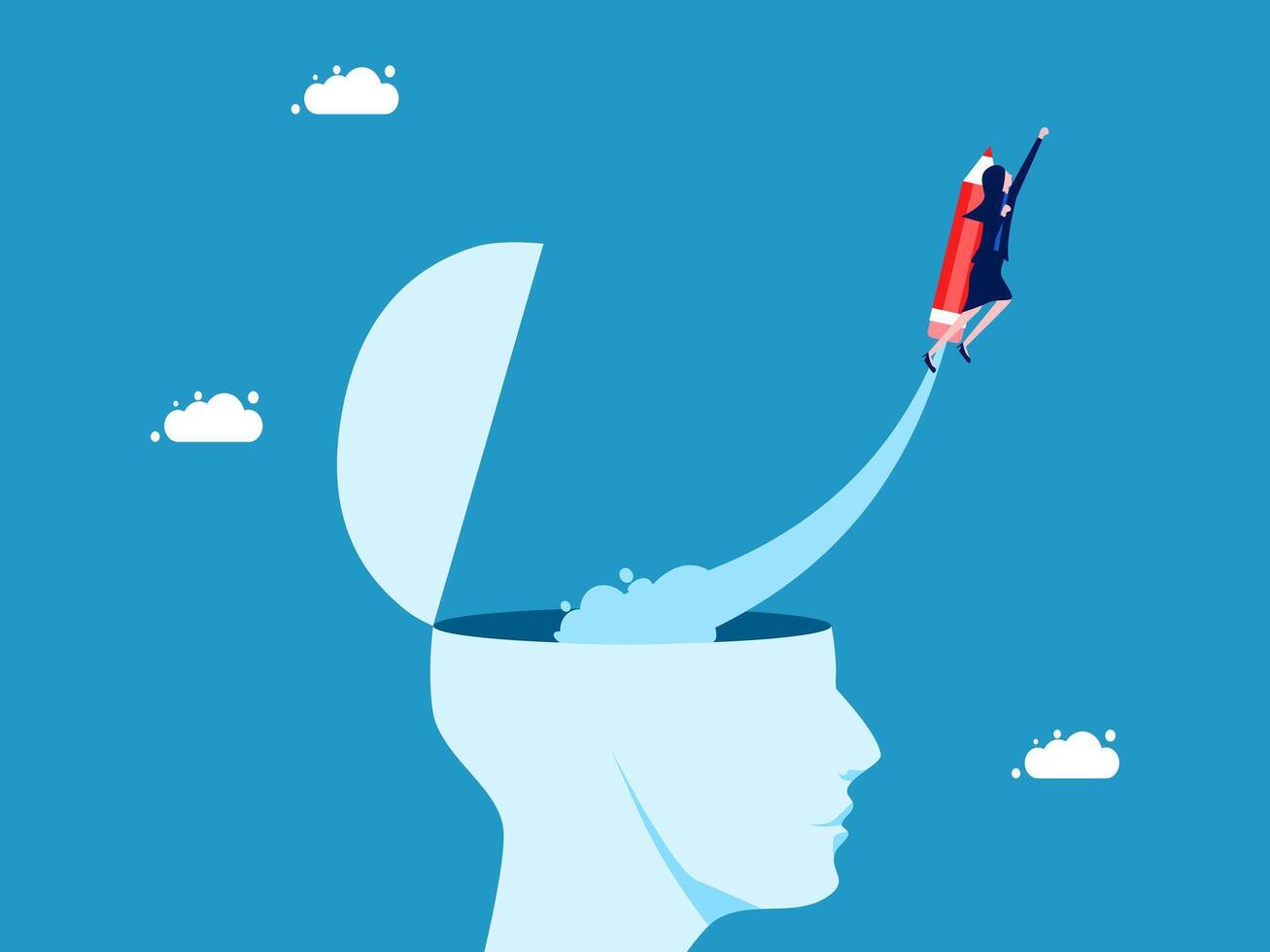 woman flying on top of a brain with a rocket vector