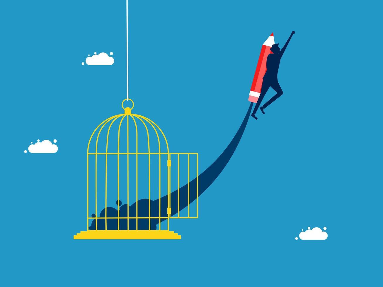 businessman flying away from the cage with a red pencil vector