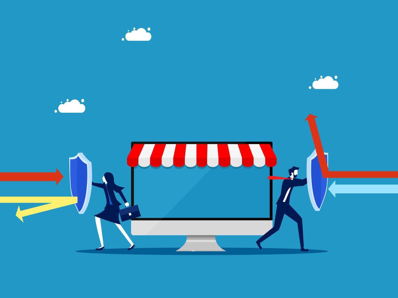 Businessman team holding shield to protect online business vector