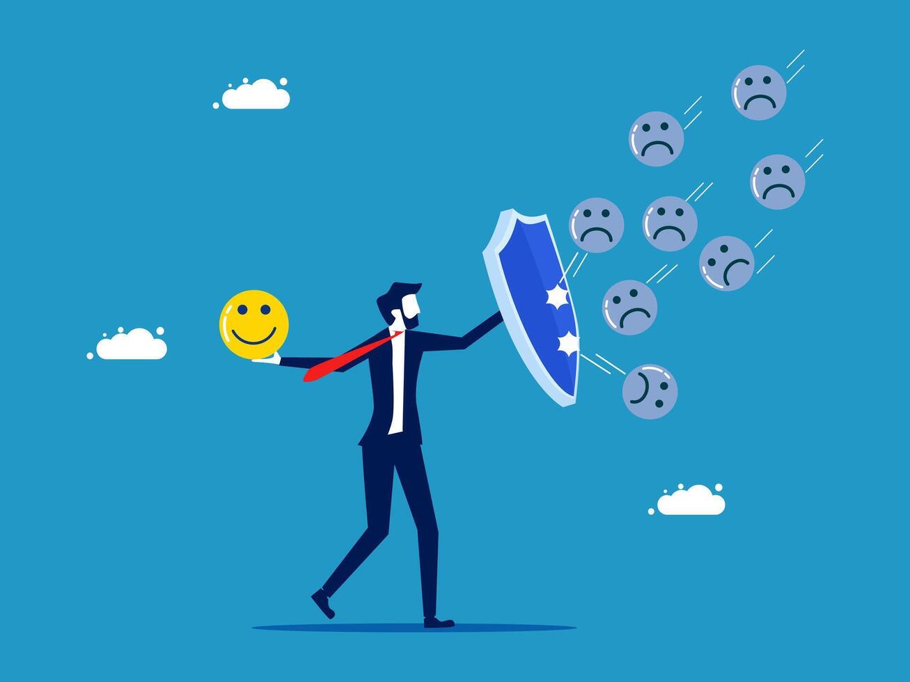 businessman holding shield with smiley faces and sad faces vector